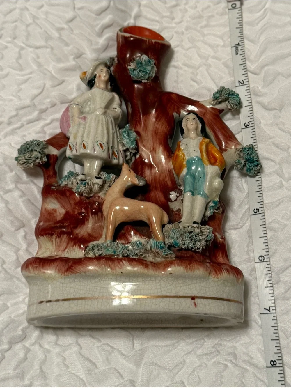 Vase - antique vintage Staffordshire spill vase - courting couple, tree, deer